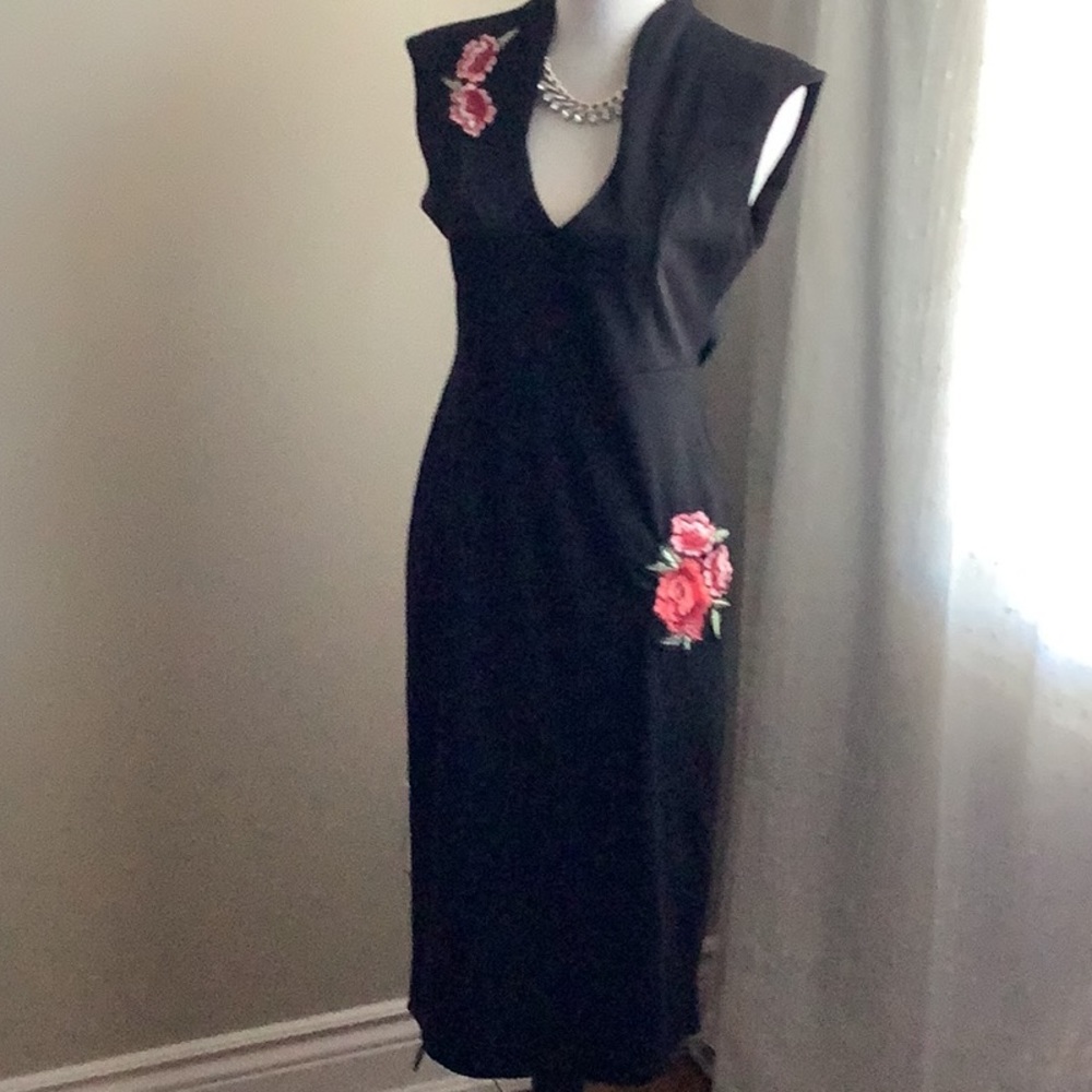 Almost Famous Black Maxi Dress with Pink Floral Embroidery